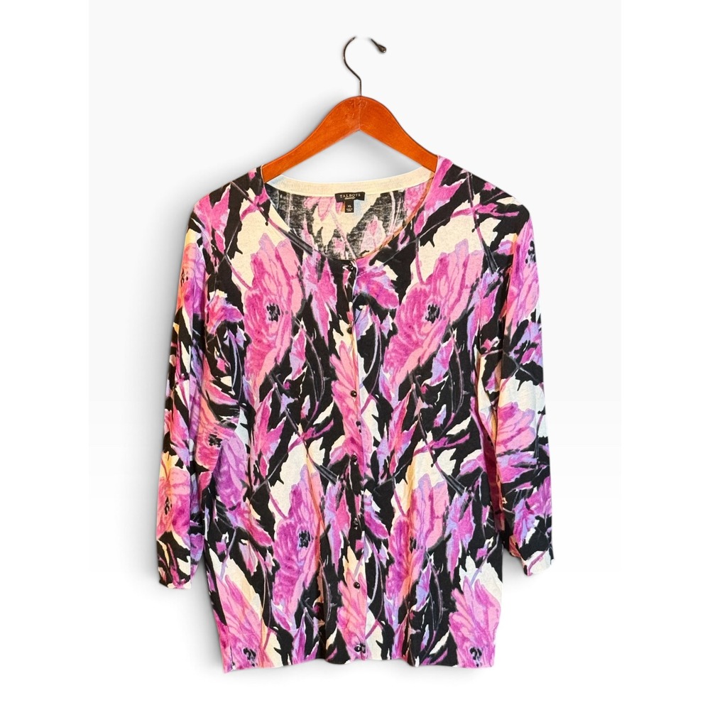 Talbots Cardigan Womens XL Pink Purple Floral Silk Cotton 3/4 Sleeve Sweater